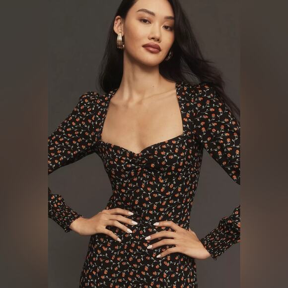 Reformation Black Floral Long Sleeve Sweetheart Neck Slit Hunt Midi Dress 0 - Picture 4 of 10